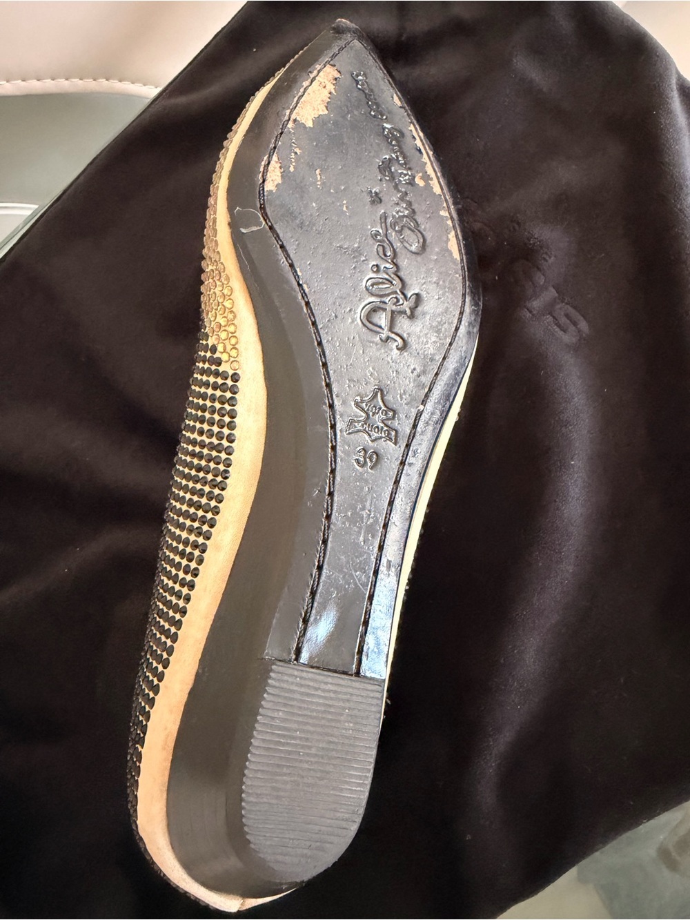 Alice + Olivia Gold Crystal Embellished Pointed Flat with Black & Red Accents - Picture 5 of 5